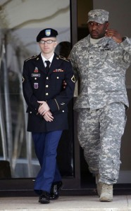Bradley Manning being led from the Fort Meade courtroom, 15 March 2012