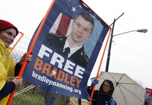 Supporters of U.S. Army Pfc. Bradley Manning protest outside the gates of Fort Meade, Maryland. Photo by REUTERS/Jose Luis Magana.