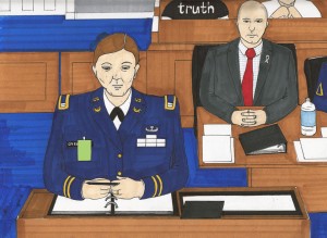 Government prosecutor Angel Overgaard and defense lawyer David Coombs. Sketch by Clark Stoeckley, Bradley Manning Support Network.