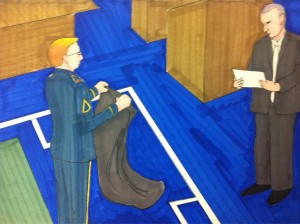 Bradley Manning demonstrating his solitary confinement conditions. Courtroom sketch by Clark Stoeckley, Bradley Manning Support Network.