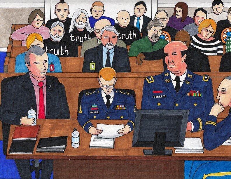 Bradley Manning reading his statement on his motives. Sketch by Clark Stoeckley, Bradley Manning Support Network.