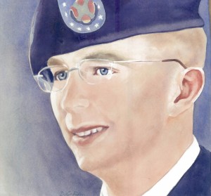 Original Watercolor Portrait of Private Bradley Manning by Court Artist Debra Van Poolen.  Medium:  Watercolor